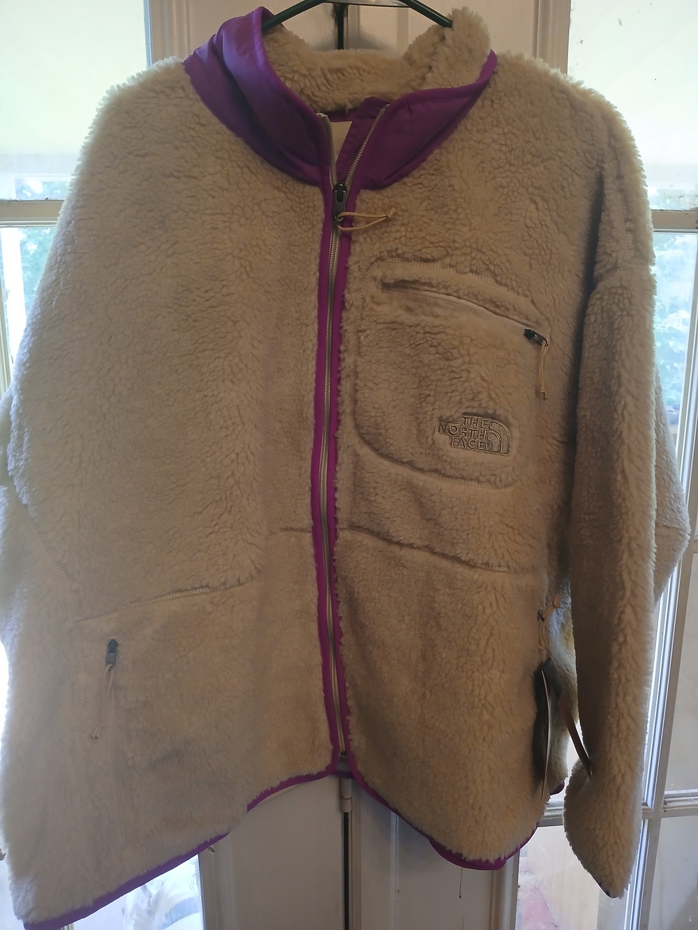 The North Face Sherpa Fleece Jacket in Beige with Purple Trim